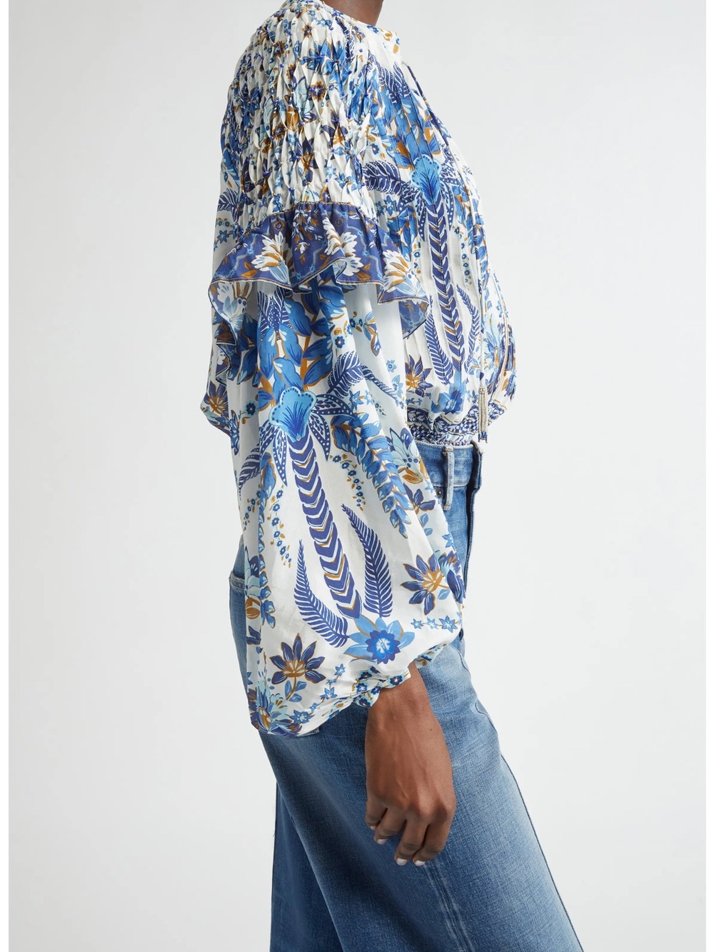 FARM Rio Ana Tapestry White & Blue Floral Smocked Peasant Blouse - Picture 3 of 7